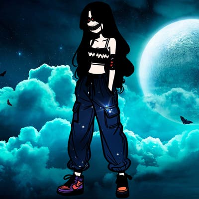 girl in baggy pants crop top and long hair