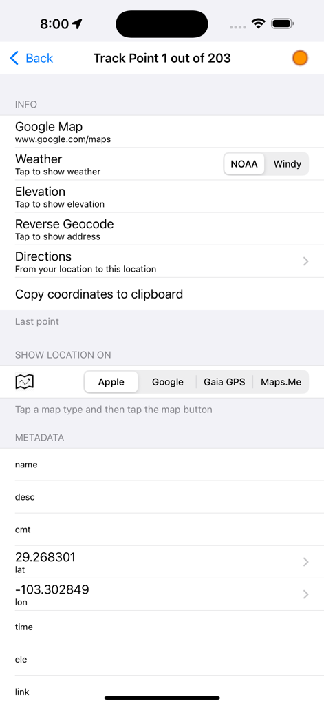 Schermata di dettagli del punto traccia in GPX-Viewer che mostra coordinate GPS, dati di altitudine e selezione della sorgente della mappa.