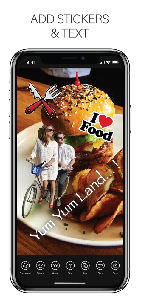 iPhone app interface showing a creative photo collage of a burger with added stickers and handwritten text