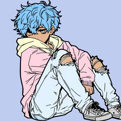 a male hoddie ripped jeans messy hair anime