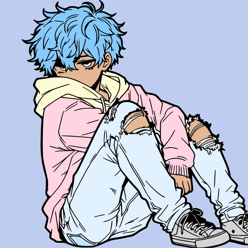 a male hoddie ripped jeans messy hair anime