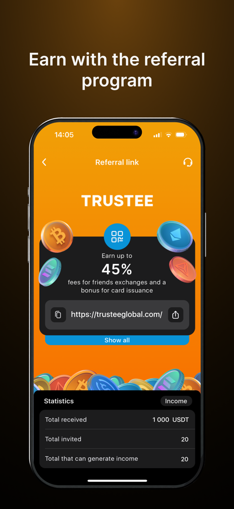 Pantalla del programa de referidos de Trustee Plus que muestra una tasa de comisión del cuarenta y cinco por ciento y estadísticas de referidos