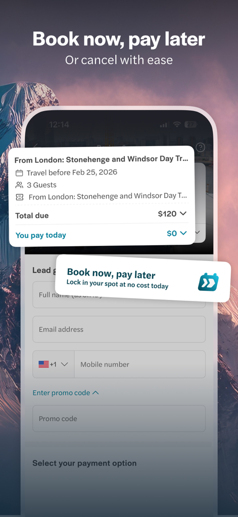 Interface of the Headout app showing a zero dollar initial payment option for a London day trip