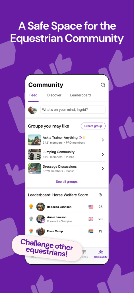 Interface of the Ridely horse riding app showing the community section with various equestrian groups and a horse welfare leaderboard.