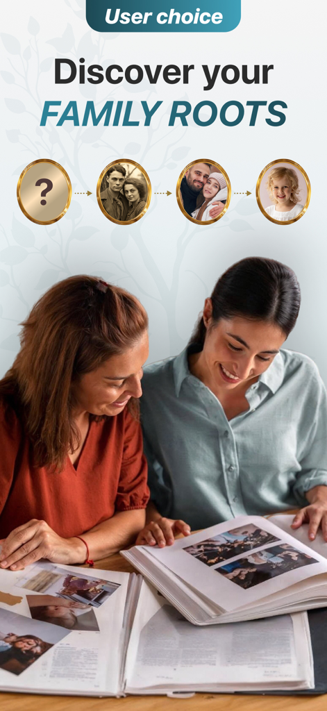 Two women looking at an old photo album to discover their family roots and ancestry