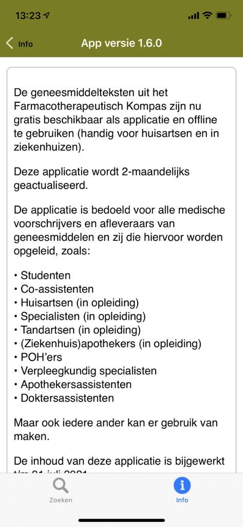FK - Information page of the FK medical app showing version details and target user groups in Dutch