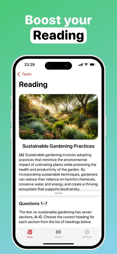 IELTS reading practice interface showing a passage about sustainable gardening and comprehension questions