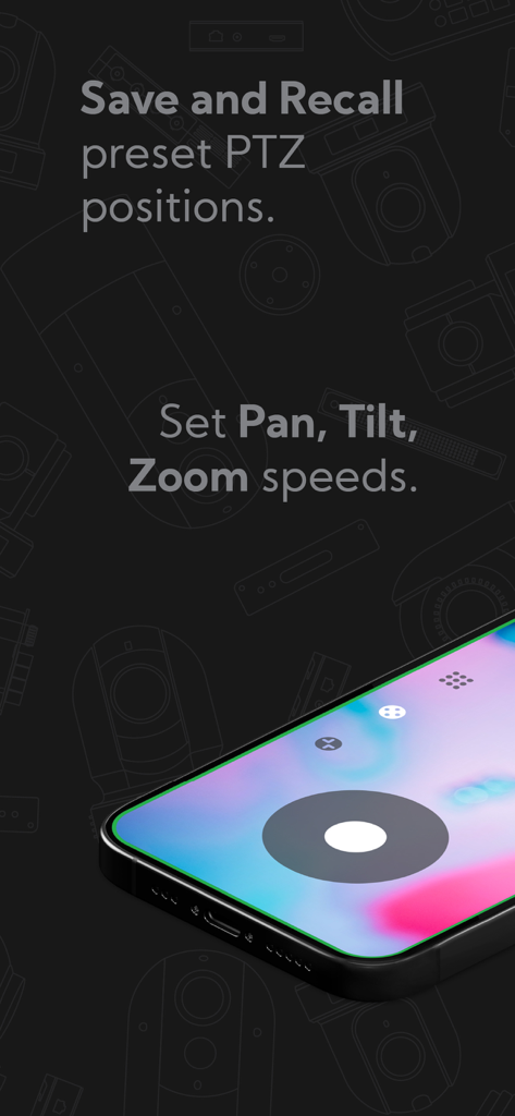 NDI PTZ Control - NDI PTZ Control app interface showing options to save and recall camera positions and set pan tilt zoom speeds