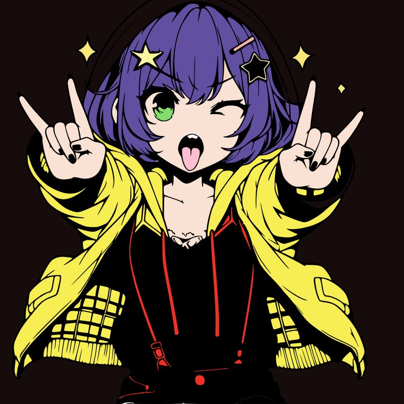 an anime girl,short hair,wearing a hoodie with a jacket on top,wearing jeans,star hair clip on hair,holding up rock and roll sign with both her hand facing forward in the middle,mouth open with tongue sticking out, pointy teeth
