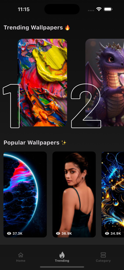 Wallhub Pro : FullHD Wallpaper - Trending section of Wallhub Pro app featuring colorful abstract and space themed wallpapers