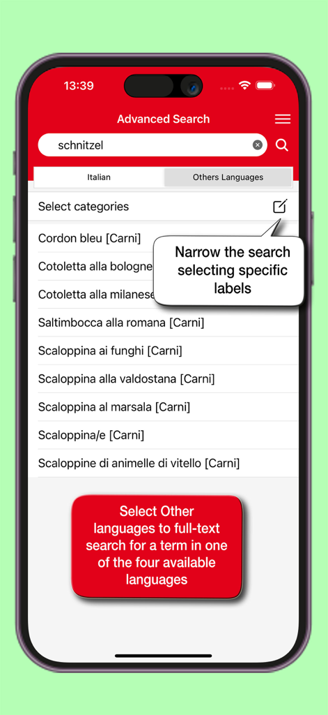Interface de recherche avancée de l'application Dictionnaire Gastronomique Hoepli montrant les traductions multilingues d'un terme culinaire et la fonction de recherche par simple toucher