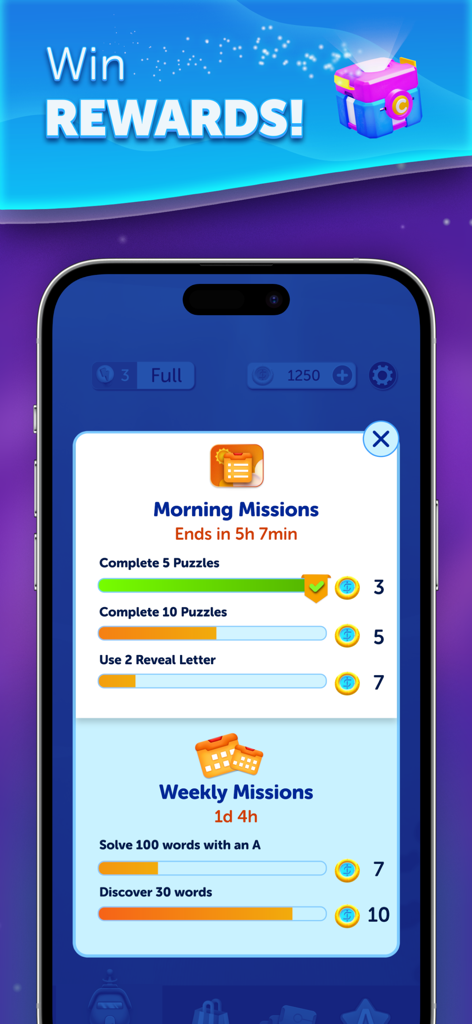 LunaCross App-Oberfläche mit Morgen- und Wochenrätsel-Missionen und Belohnungen.