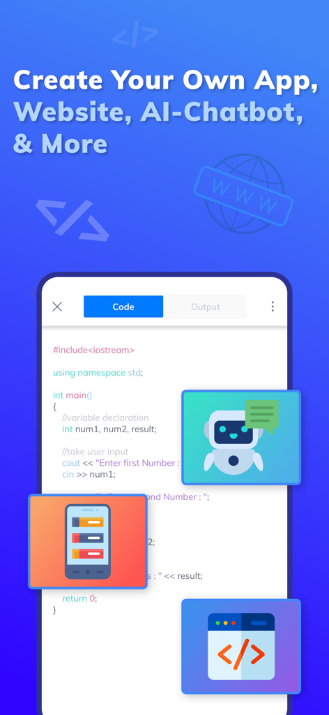 Programming Hub: Learn Coding - Interfaz de la aplicación Programming Hub que muestra un editor de código con opciones para crear aplicaciones, sitios web y chatbots de IA.
