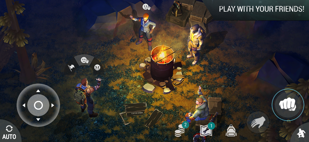 Last Day on Earth Survival의 모닥불 주위에서 상호 작용하는 생존자들