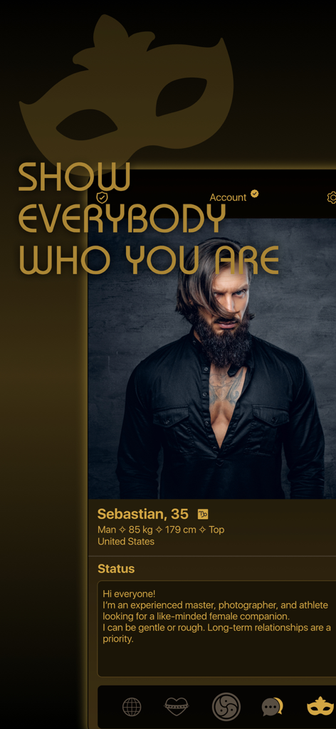 KINK People - BDSM Dating App - A detailed user profile in the KINK People dating app featuring a man named Sebastian with his role and personal status.