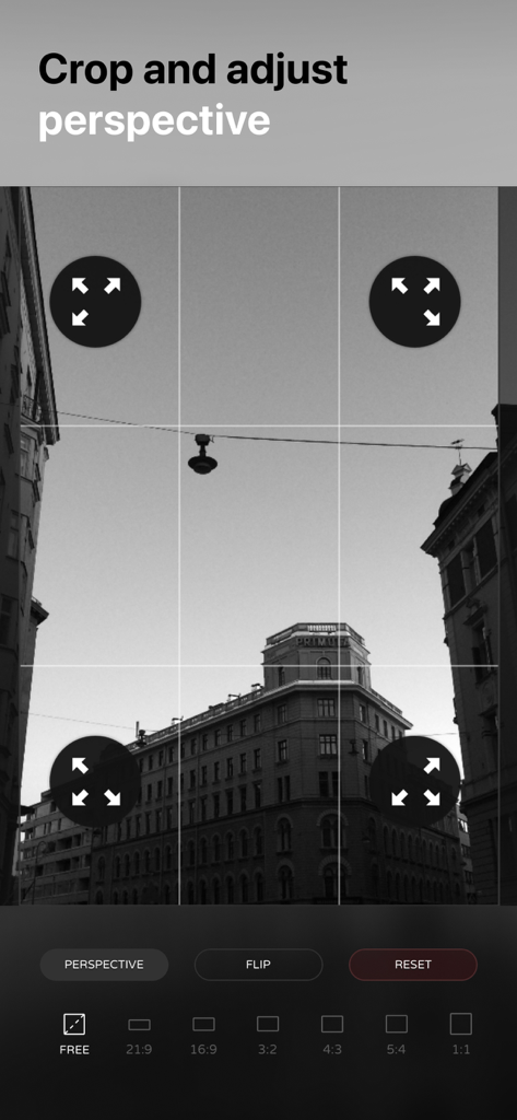 A black and white architectural photo being edited in the Ultralight app using the crop and perspective correction tool.