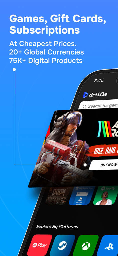 Interfaz de la aplicación Driffle Marketplace mostrando llaves de juegos con descuento, tarjetas de regalo y suscripciones para plataformas Steam, Xbox y PlayStation