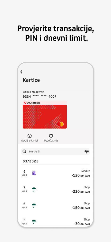 Interface da aplicação m-bank com um cartão de pagamento e histórico de transações recentes