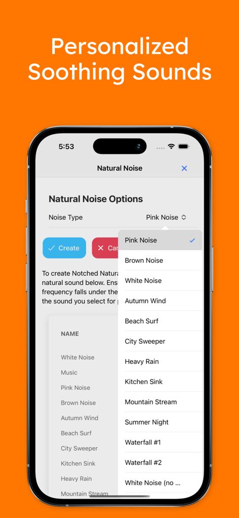Selection menu for natural and white noise options in the AudioNotch app