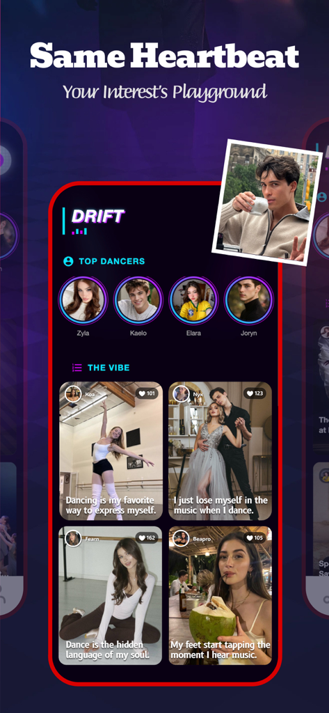 Drift - Chat & Share - Interface do aplicativo Drift mostrando os melhores dançarinos e um feed social visual intitulado The Vibe, com posts de usuários sobre dança.