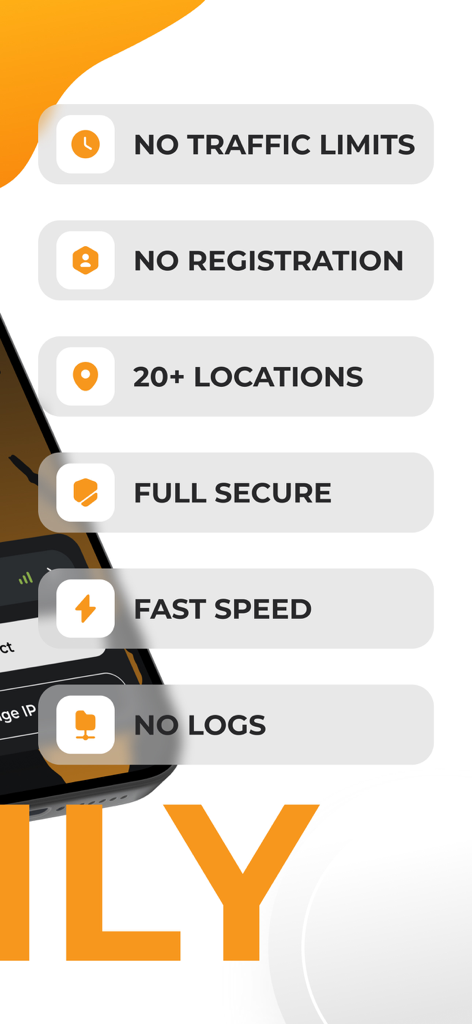 VPNLY - VPN Unlimited Proxy - VPNLY app features highlighting no registration and unlimited traffic limits