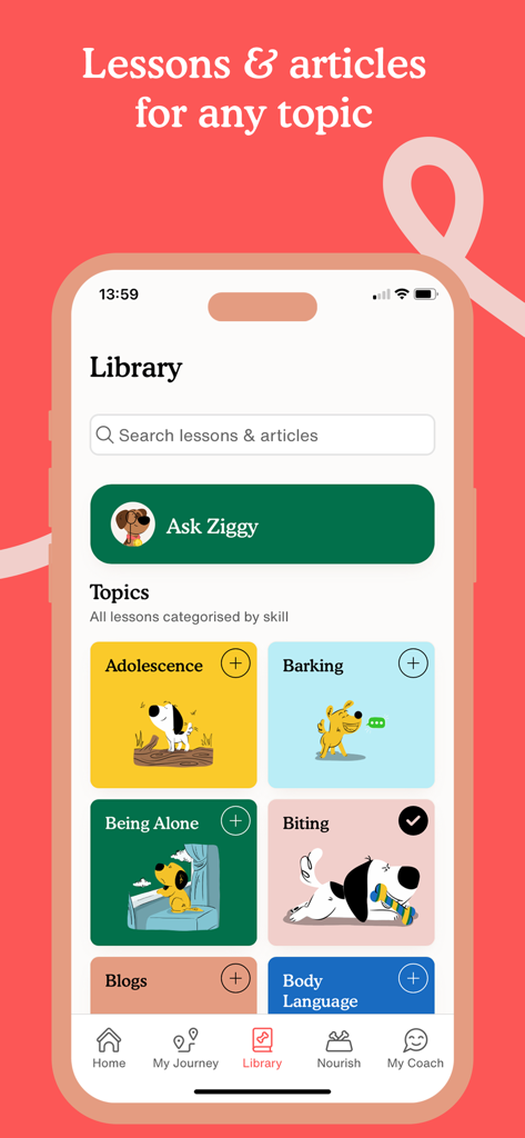 Pantalla de la biblioteca de la aplicación Zigzag que muestra temas y lecciones de entrenamiento para cachorros con ilustraciones coloridas.
