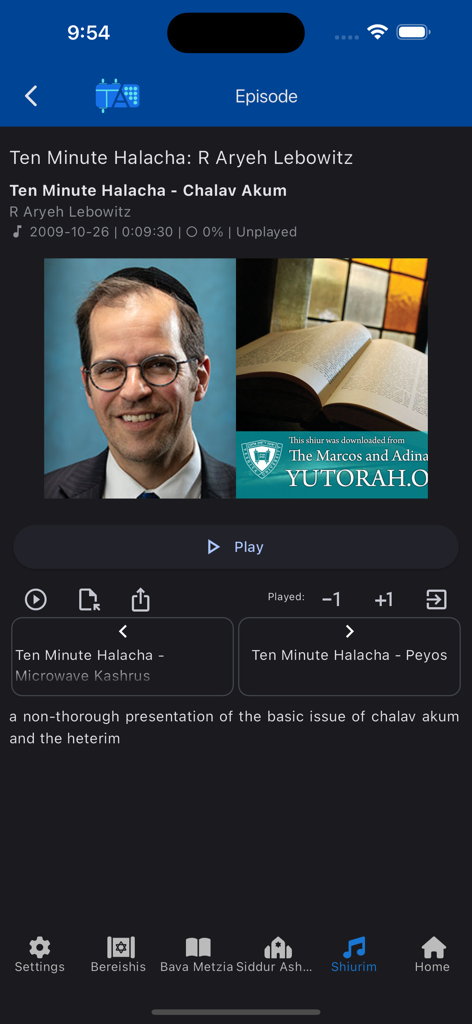 Audio-Schiur-Player in TorahApp mit einem Vortrag von Rabbi Aryeh Lebowitz