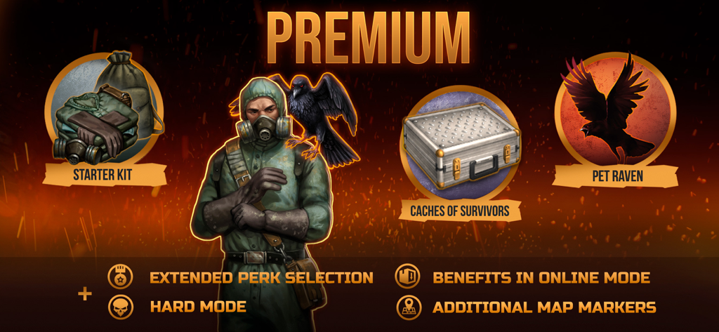 Day R Premium: Survival RPG - Overview of Day R Premium features including a starter kit pet raven and exclusive survival perks