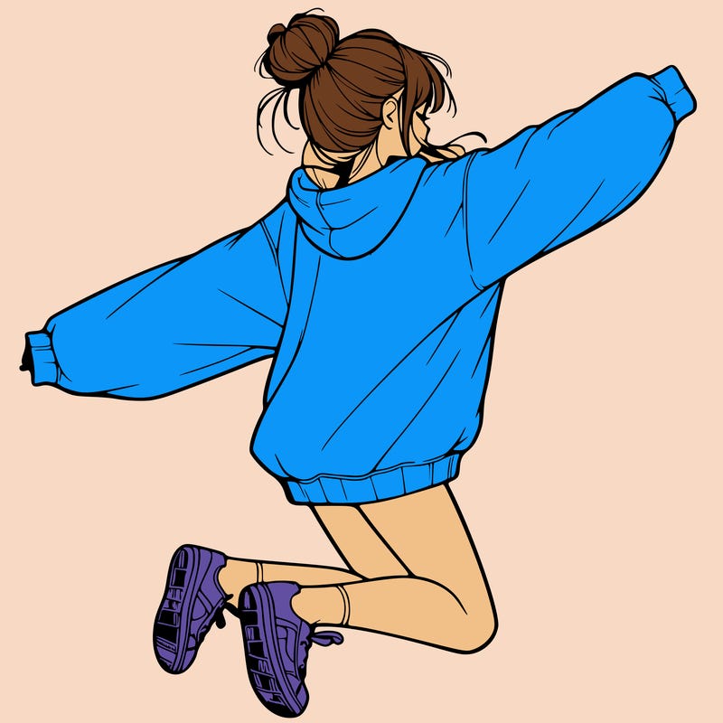 realistic girl jumping with a bun and oversized sweatshirt