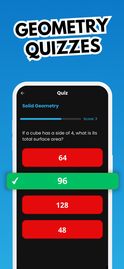 Geometry quiz screen showing a solid geometry question about a cube with the correct answer highlighted