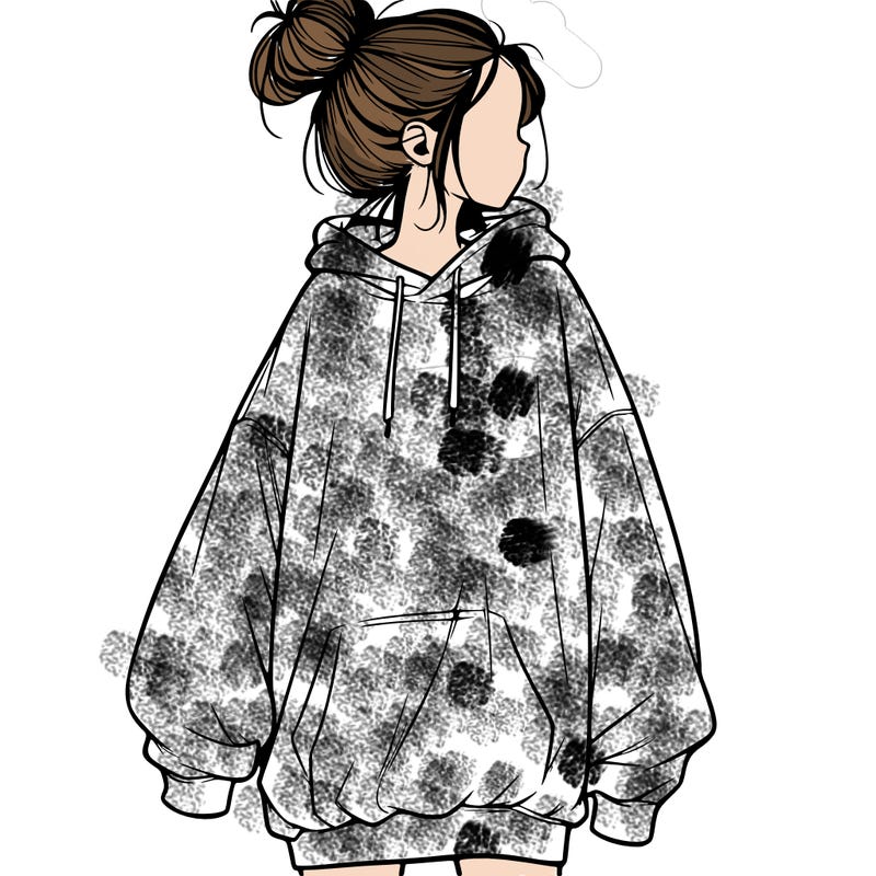 realistic girl with a oversized sweatshirt on and a bun