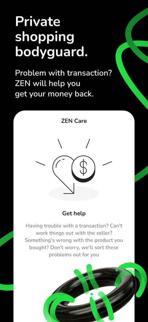 Interface ZEN Care montrant un garde du corps privé et des fonctionnalités de protection de l'acheteur pour des transactions sécurisées.