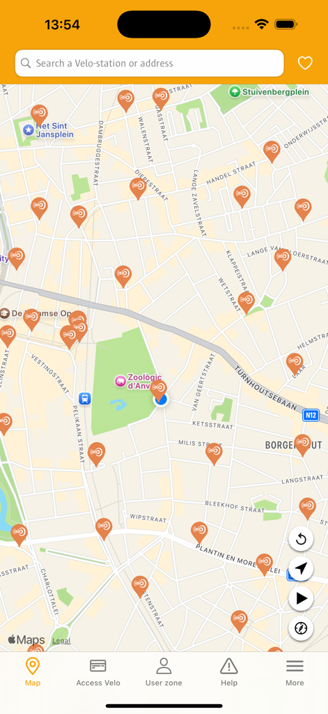 Velo Antwerpen - Velo Antwerpen mobile app interface showing a map with bike sharing station locations in Antwerp