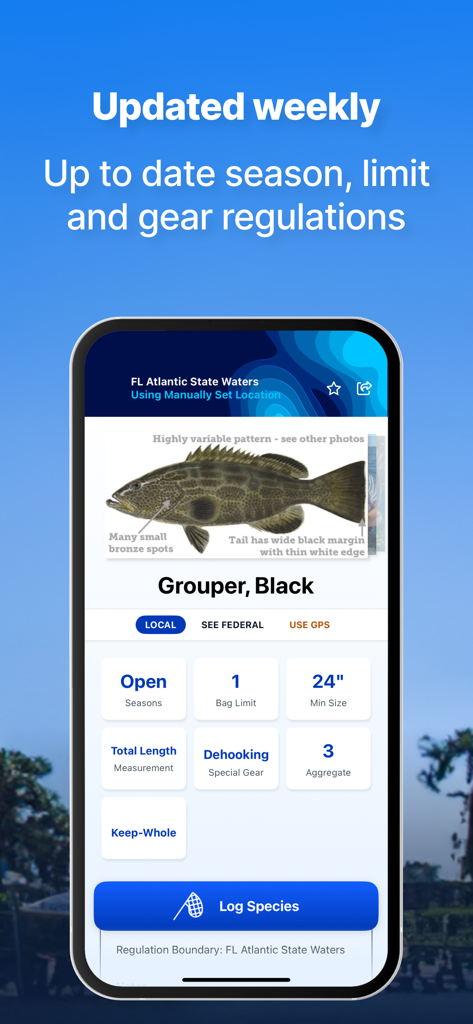 Fish Rules: Regulations & Maps - La aplicación Fish Rules muestra las regulaciones de pesca de mero negro y sus límites