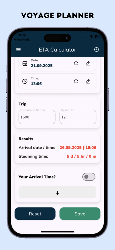 ETA Calculator mobile app interface for maritime voyage planning and speed calculations