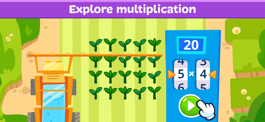 Multiplikationslernspieloberfläche für Kinder mit einem Gitter von Pflanzen auf einem Bauernhofthema.