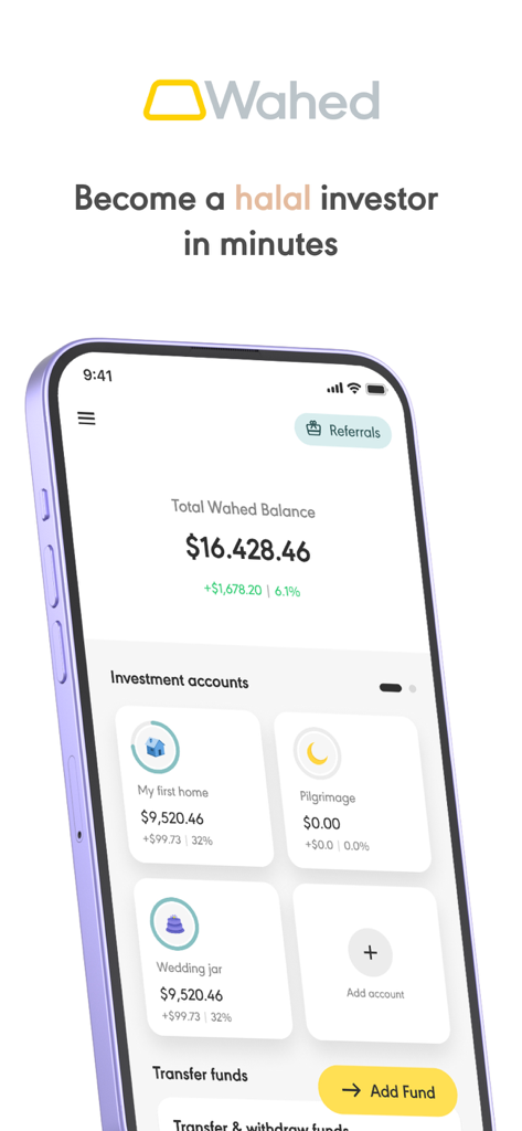 Wahed - Wahed mobile app dashboard showing a portfolio balance and goal-based halal investment accounts.