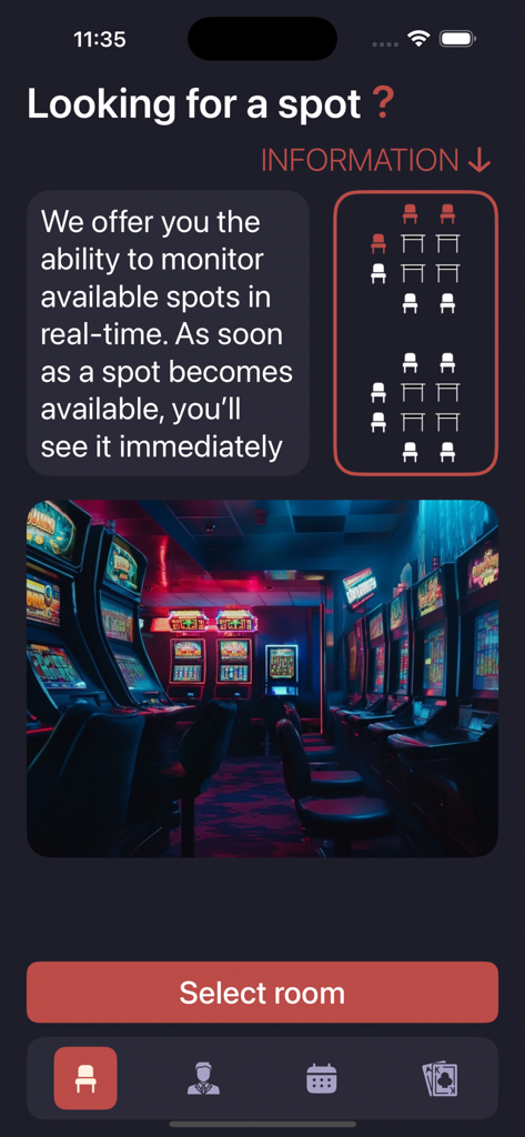 Day Winner Lounge app interface showing real-time seat availability and a map of gaming machines.