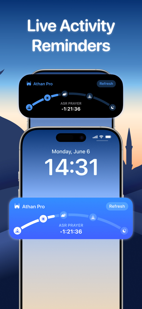 iPhone lock screen and dynamic island displaying Athan Pro live activity widgets for prayer time countdowns