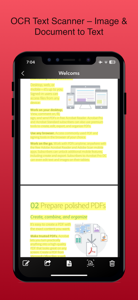 ScanCopy: PDF Editor Converter - Pantalla de un smartphone que muestra la aplicación ScanCopy realizando un escaneo de texto OCR en un documento resaltado para convertir imagen a texto