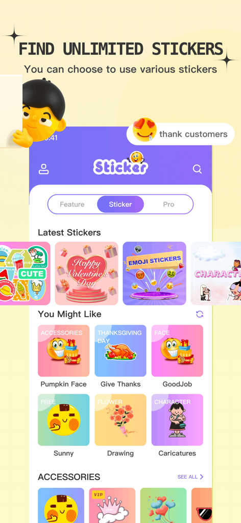 Interface do aplicativo Happy Stickers mostrando uma biblioteca de várias categorias de stickers, incluindo emojis fofos e gráficos temáticos