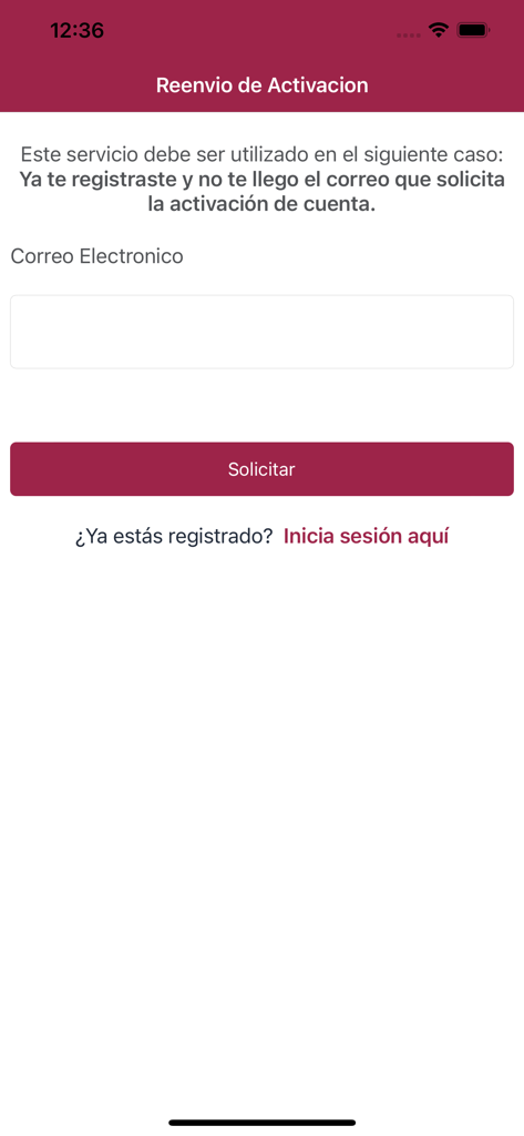 Mi ISSSTECALI - Interface of the Mi ISSSTECALI app showing the activation resend form with email field and request button