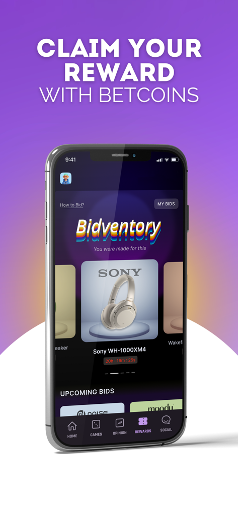 BeBetta: Join Sports Community - BeBetta mobile app screen showing the rewards section with a bidding feature for prizes using Betcoins