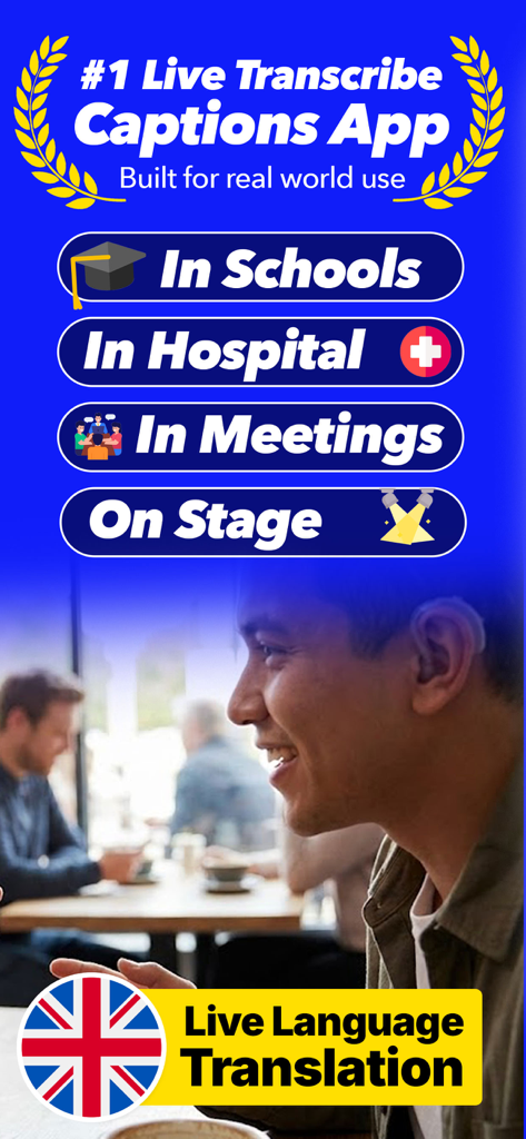 App Live Transcribe Pro che evidenzia casi d'uso in scuole e ospedali con traduzione live