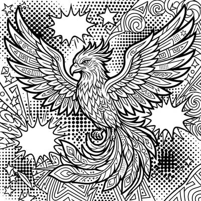 Dive into a mythical coloring adventure with this stunning Ancient Phoenix, reimagined in a dynamic Pop Art style. Its bold outlines and energetic background await your creative touch, offering a uniquely engaging experience.