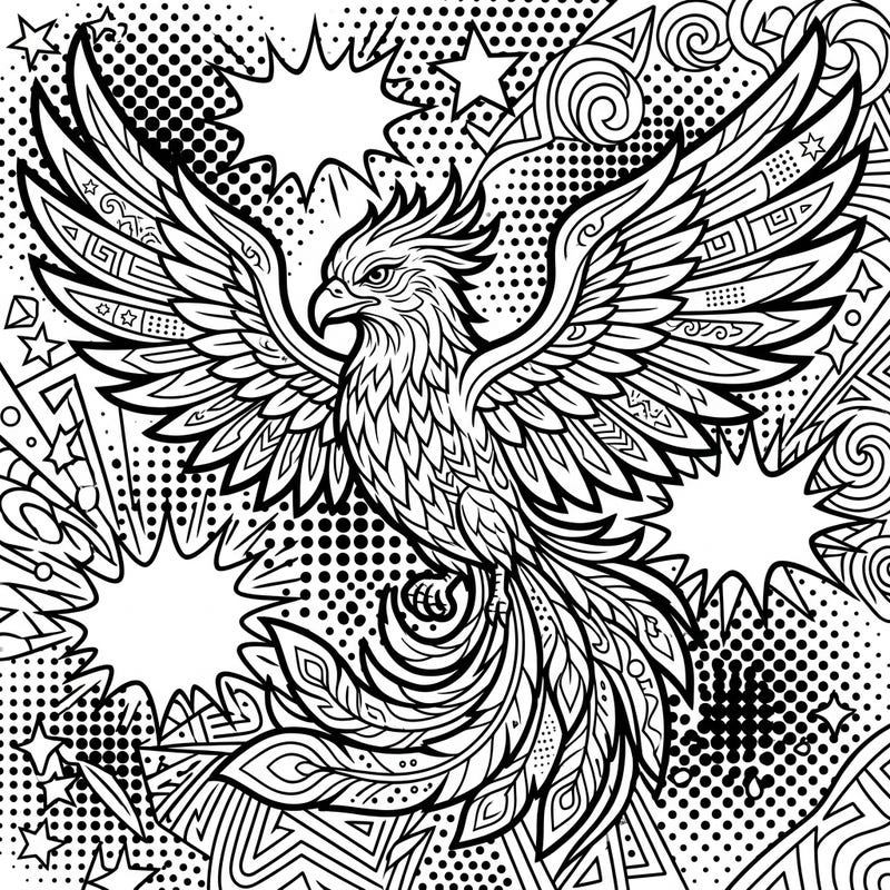 Dive into a mythical coloring adventure with this stunning Ancient Phoenix, reimagined in a dynamic Pop Art style. Its bold outlines and energetic background await your creative touch, offering a uniquely engaging experience.