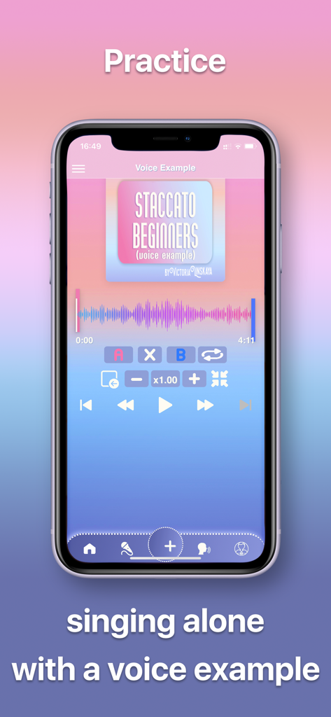 VocalEx Pro. Singing Tutorial - VocalEx Pro app interface showing a staccato vocal exercise for beginners with playback controls and a voice example