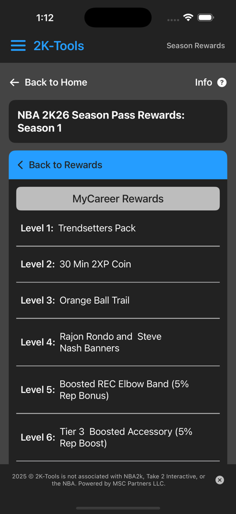 List of NBA 2K26 Season Pass rewards for MyCareer within the 2K-Tools mobile app.