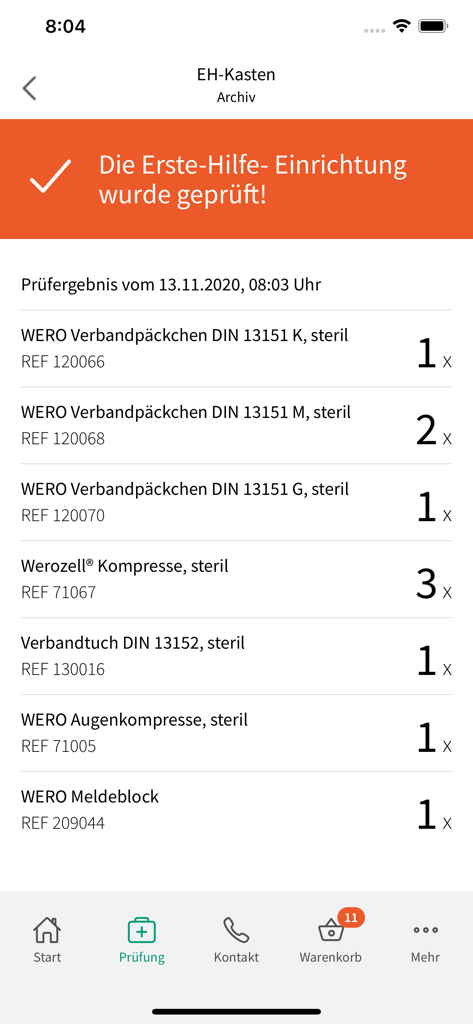 A completed first aid kit inspection report in the WERO app showing a list of medical supplies and quantities