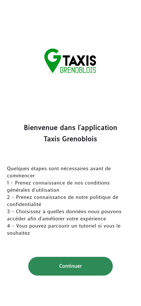 Taxis Grenoblois - Écran d'accueil de l'application mobile Taxis Grenoblois avec des instructions d'intégration et un bouton de continuation